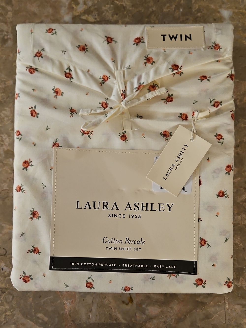 Laura Ashley Cream Twin Sheet Set with Rust Floral Motif